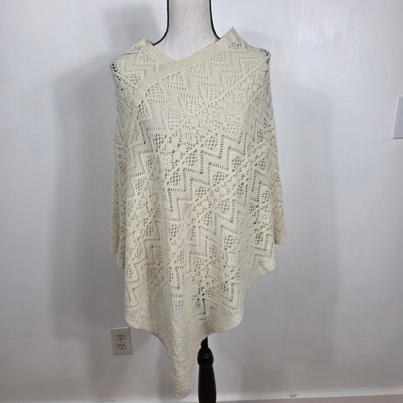 Sweaters - Cream Knit Crochet Open‎ Weave Poncho Boho Chic  Shawl  Opensize Asymmetrical